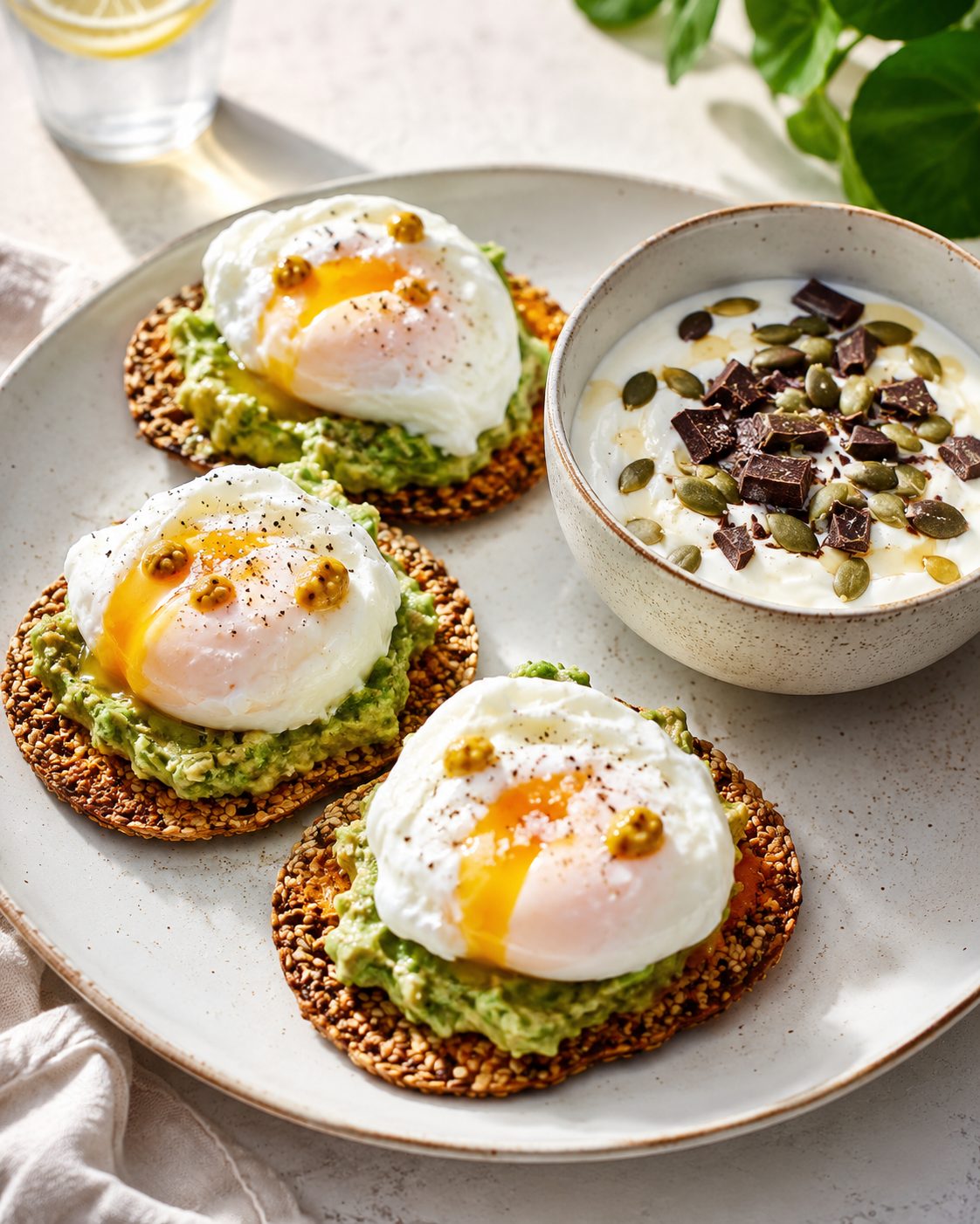 Huevos poché con tostadas de sésamo, guacamole y bowl crujiente